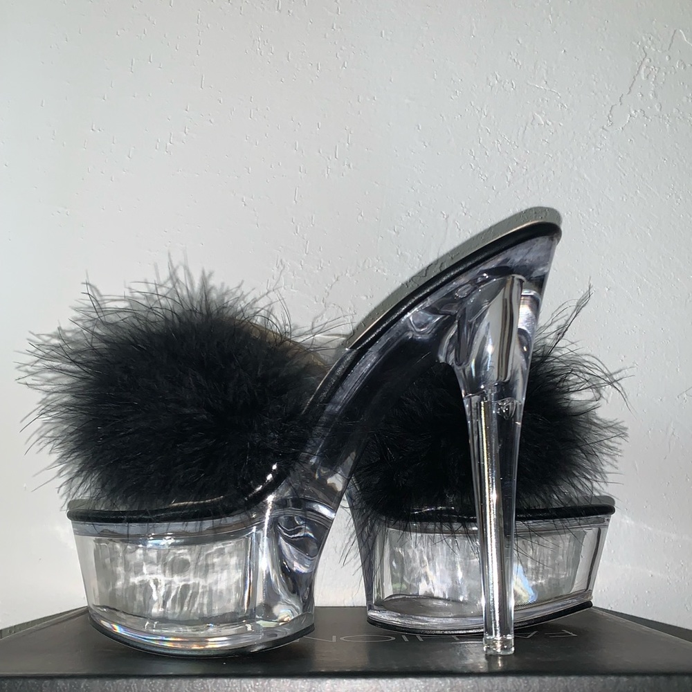 Clear slip on platform heels with feathers
